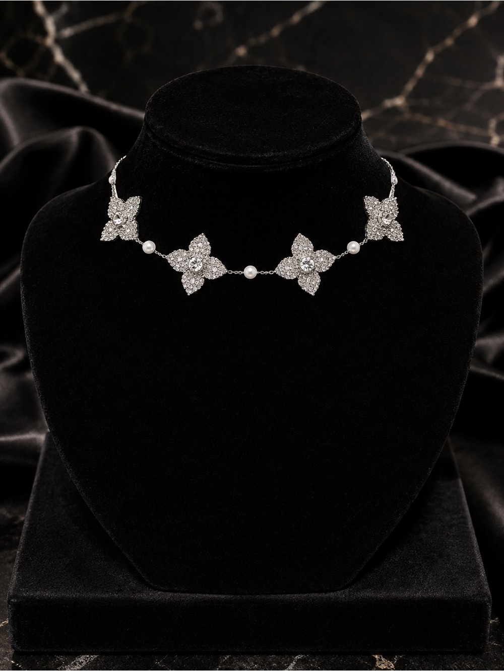 Silver Rhinestone Crystal Floral & Pearl Statement Choker Necklace